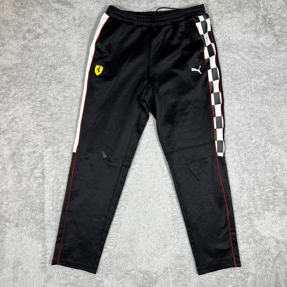 Puma Scuderia Ferrari Track Pants Mens Medium Black Checkered Racing Joggers